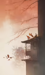 two birds perch on the roof of a building near trees