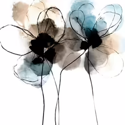 three white and blue flowers are in vases