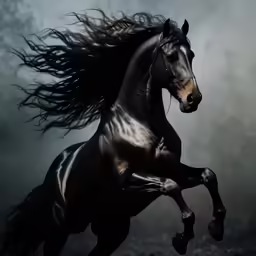 a black horse in motion on its hind legs