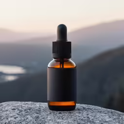 a small bottle sitting on top of a rock