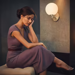 a woman in a dress sits on the edge of a stool, staring at her cell phone