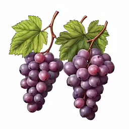 two grapes with green leaves hanging off of the stem