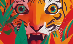 a large colorful cat with green eyes standing in front of a red flower