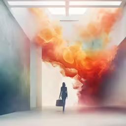 a woman in black walking towards a bright, colorful painting
