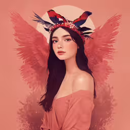 a girl with birds on her head,an artistic photo of a woman with angel wings