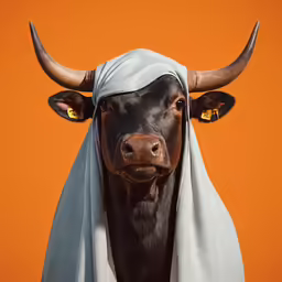 a cow with long horn hair wearing a sheet