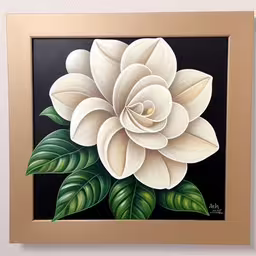 a painting of a large flower on a black background,a painting that is sitting on a wall