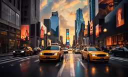 a couple of yellow taxi cabs on a city street