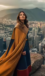 a woman in a blue coat stands on a ledge