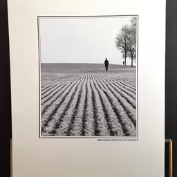 a large white framed picture in a wood frame, with an old picture and a lone figure