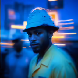 a man wearing a hard hat in front of blue background