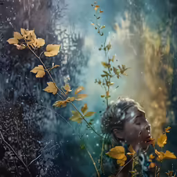 a painting of a boy is smelling the flowers