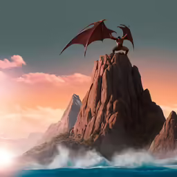 a dragon is on top of a rock near the ocean
