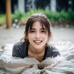 a pretty young woman laying in bed under a blanket
