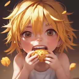 the young child is eating a donut while wearing her hair in the wind