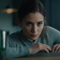 a woman looking at the camera while holding her hand on the table