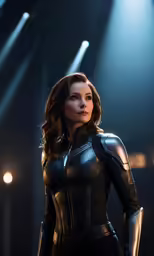 a woman in a black leather suit with bright lights