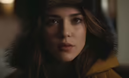 a woman in a yellow coat looking straight ahead