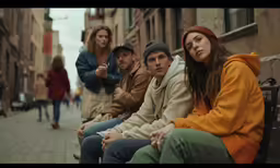 a group of people sitting on a bench in the street