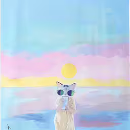 this is an image of a cat at the beach,a painting of a person holding two pairs of binoculars