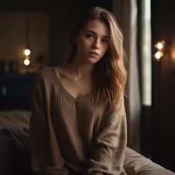 a beautiful young woman sitting on top of a bed