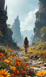 a person walking in an area with yellow flowers on the ground