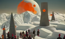several large white balls floating over snow covered mountains
