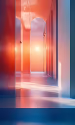 long corridor with mirrors and red walls at different angles