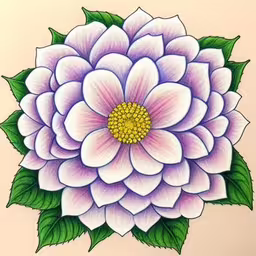 a flower drawing in color on a white background,an image of a big flower with green leaves