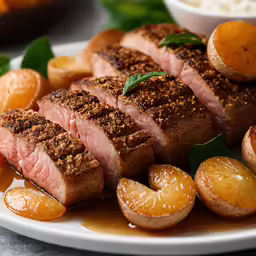 the plate is filled with steak, potatoes and fruit