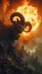 a demon with an enormous body of horns in front of the sun