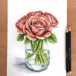 a drawing of some pink roses in a vase