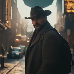 man in fedora looking down street at camera