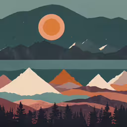 there is a painting of a sunset over a mountain range,the mountains and forest with a moon in the background