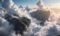 a group of people riding horses standing on a mountain in the clouds