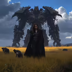 an animated scene featuring a giant robot with many cows in the background