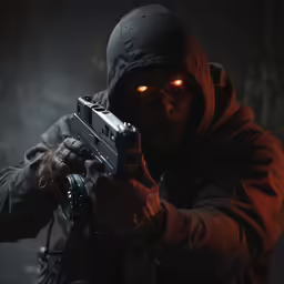the evil man is aiming a gun with red eyes