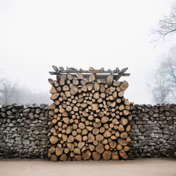 there are many logs piled up near the wall