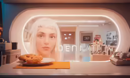 the picture is of a girl eating cookies with her reflection