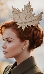 a red headed woman with a large gold leaf in her hair