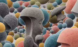 a large pattern with grey, multi - colored balls and two different objects