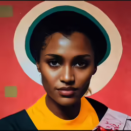 a woman with a hat is shown in front of a red background