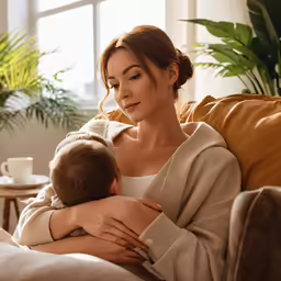 a woman holding a baby while on the couch