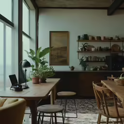 an empty kitchen with a large wooden table