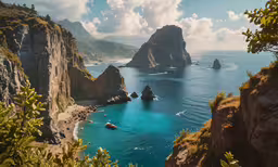 the beautiful blue waters near the rocks are surrounded by greenery