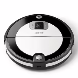 a white and black robotic vacuum with the door open