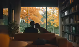 man and woman standing in front of book shelves in a library