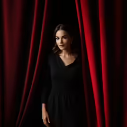 an image of a woman standing in the curtains