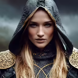 the woman is wearing a black and gold outfit