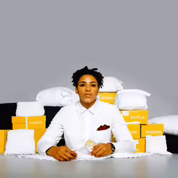 a woman sitting at a table in front of stacks of boxes